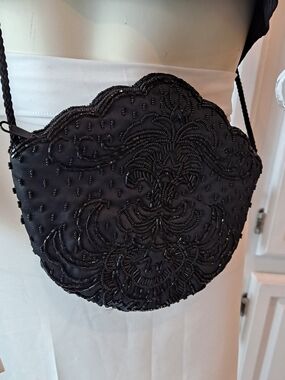 Vintage Handmade Intricate Black Beaded Scalloped Edge Satin Crossbody Clutch